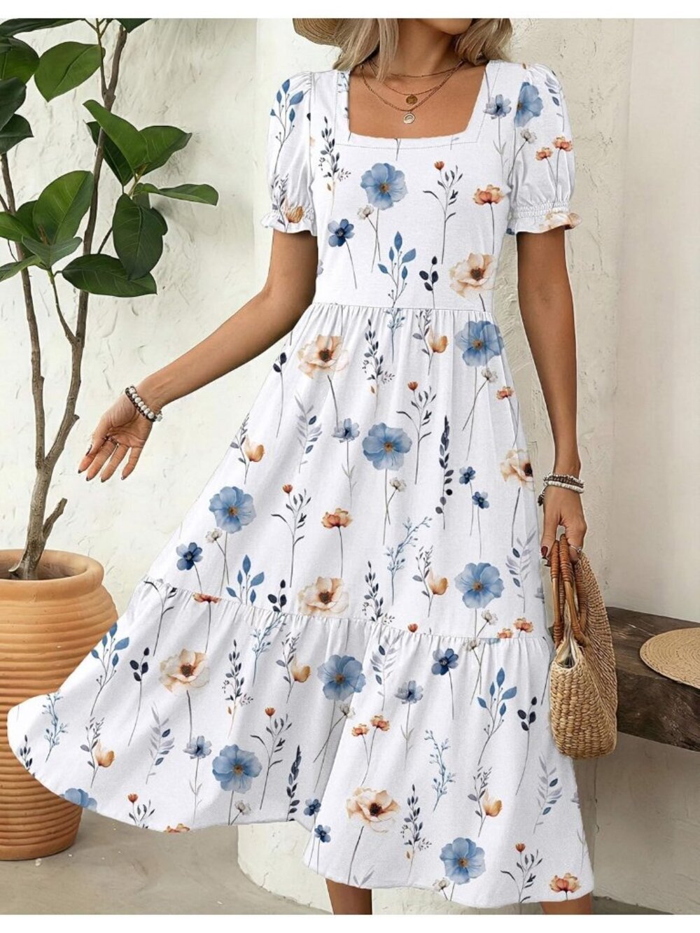 Zeagoo Women's White Floral Flowy Casual Short Sleeve Tiered Midi Maxi Dress - Picture 5 of 6